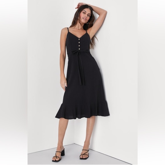 Lulus Cruise to Capri Black Belted Button Front Midi Dress - Picture 4 of 10